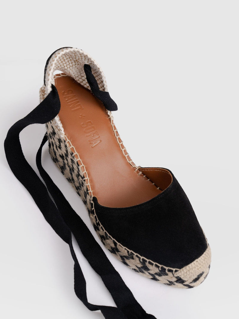 Rowe Espadrille Tie Wedges - Black Suede - Women's Shoes | Saint + Sofia® UK