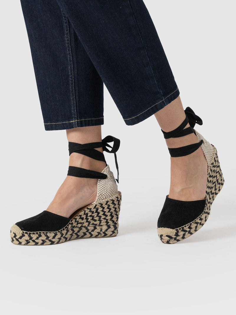 Rowe Espadrille Tie Wedges - Black Suede - Women's Shoes | Saint + Sofia® UK