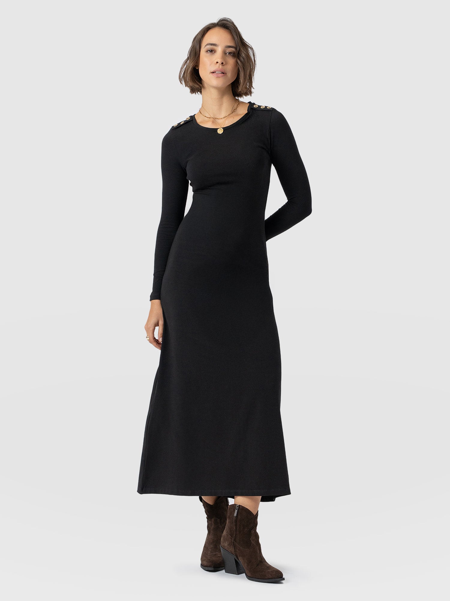 fitted lace wedding dress Rashelle Jersey Long Sleeve Maxi Dress, Black – Jolie Moi Retail main image 1