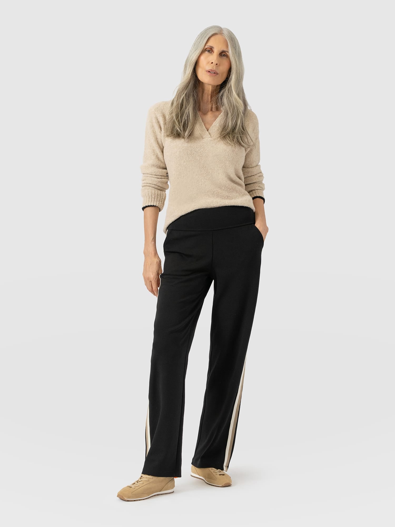 Runway Pant - Black - Cream/Beige Stripe