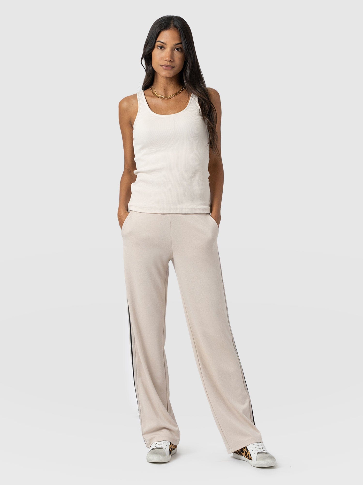 Runway Pant - Light Beige - Black/Cream Stripe - Women's Trousers | Saint + Sofia® UK