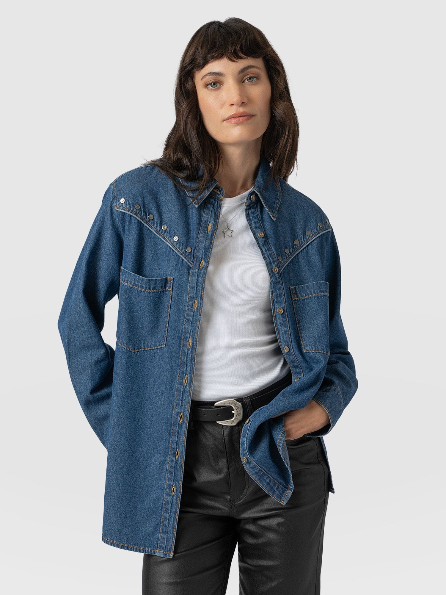 Sidney Denim Shirt Mid Blue - Women's Shirts | Saint + Sofia® UK