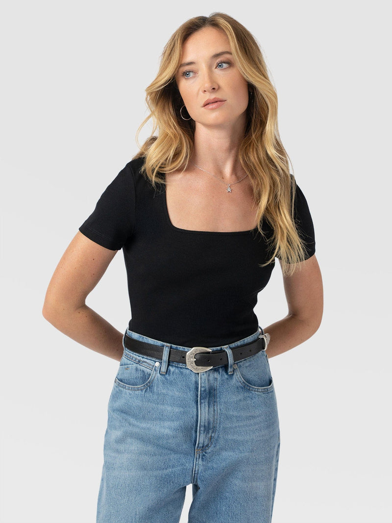 Sloane Ribbed Short Sleeve Tee - Black - Women's T-shirts | Saint + Sofia® UK