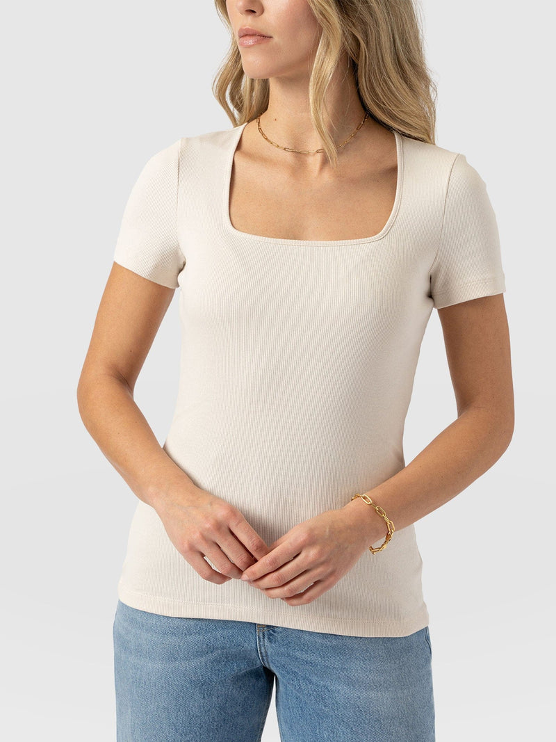 Sloane Ribbed Short Sleeve Tee - Cream - Women's T-shirts | Saint + Sofia® UK