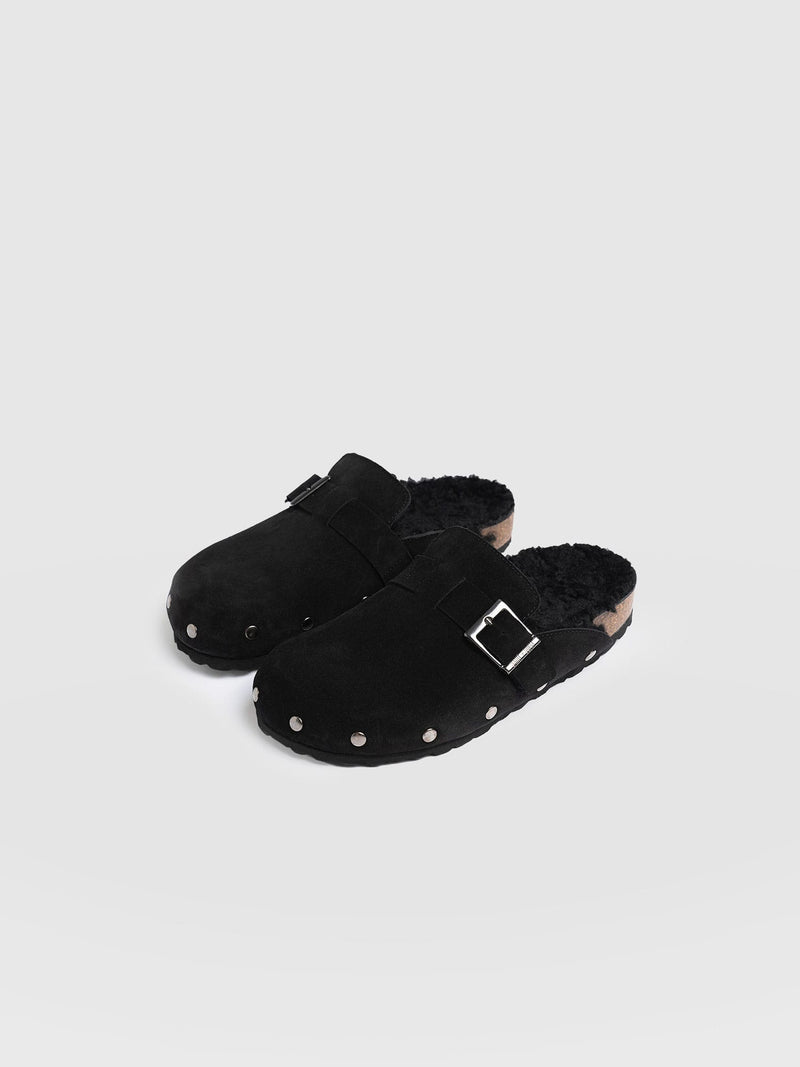 Studded Clogs - Black Shearling