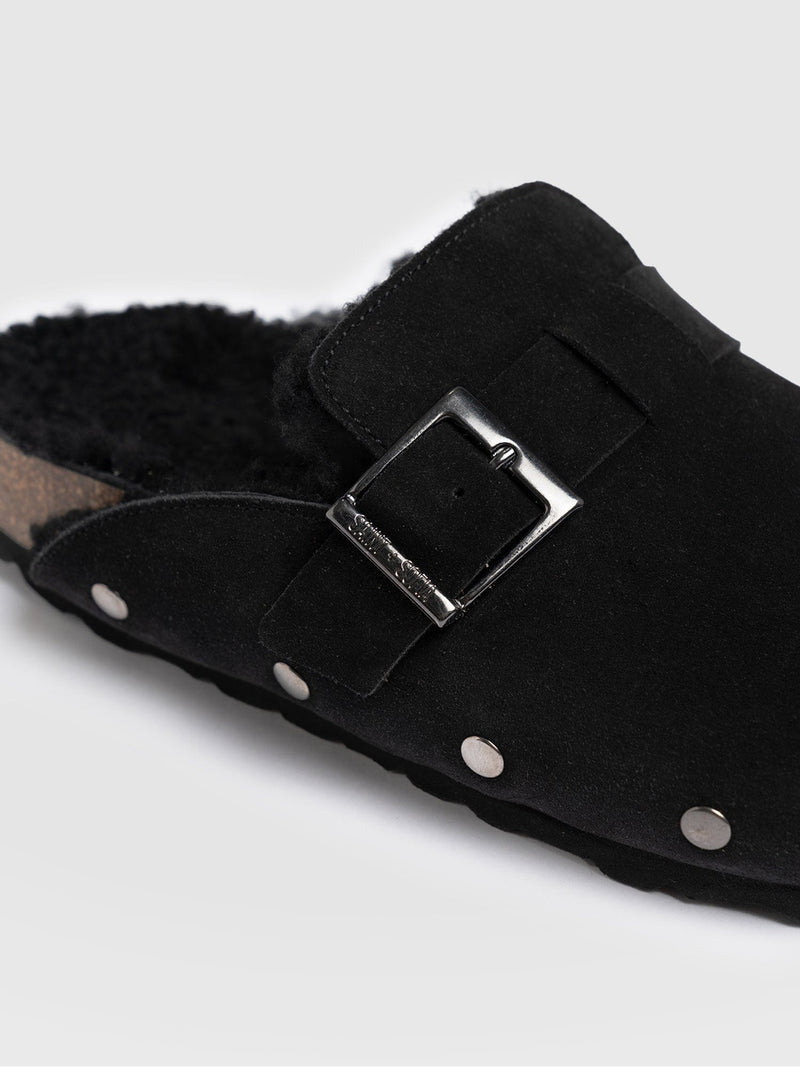 Studded Clogs Black Shearling - Women's Shoes | Saint + Sofia® UK