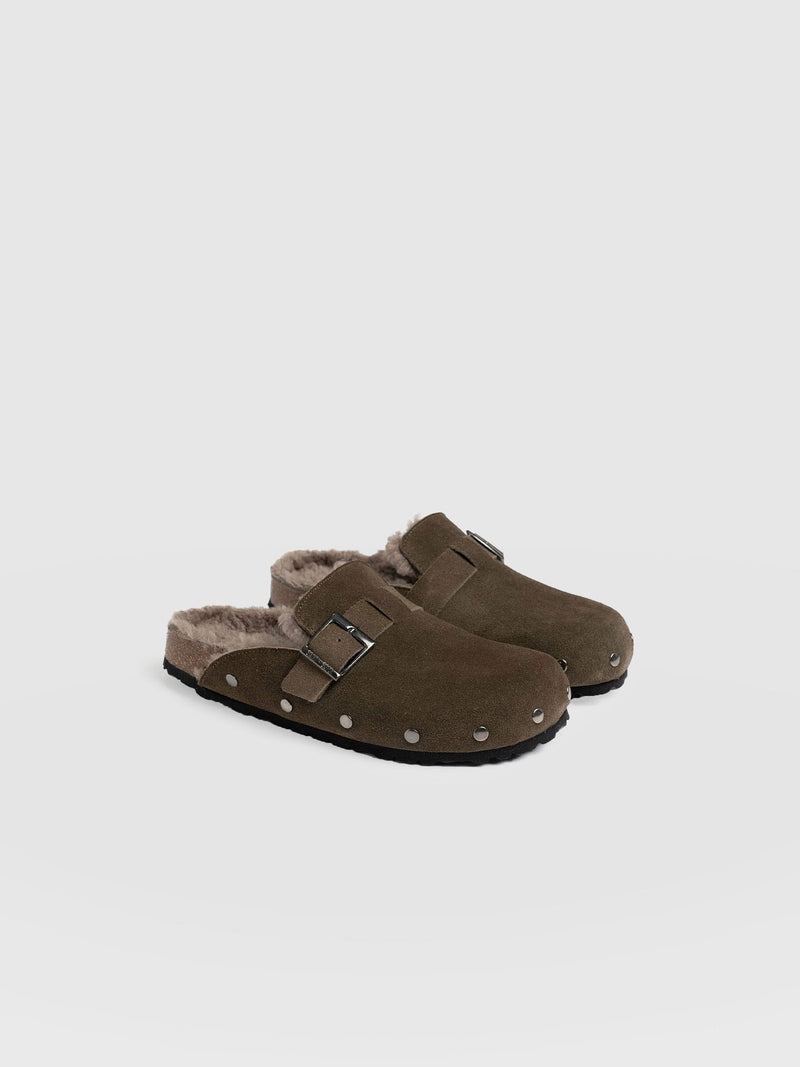Studded Clogs - Khaki Shearling