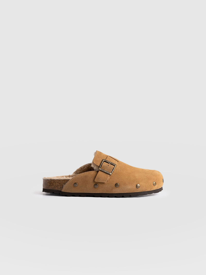 Studded Clogs - Tan Shearling