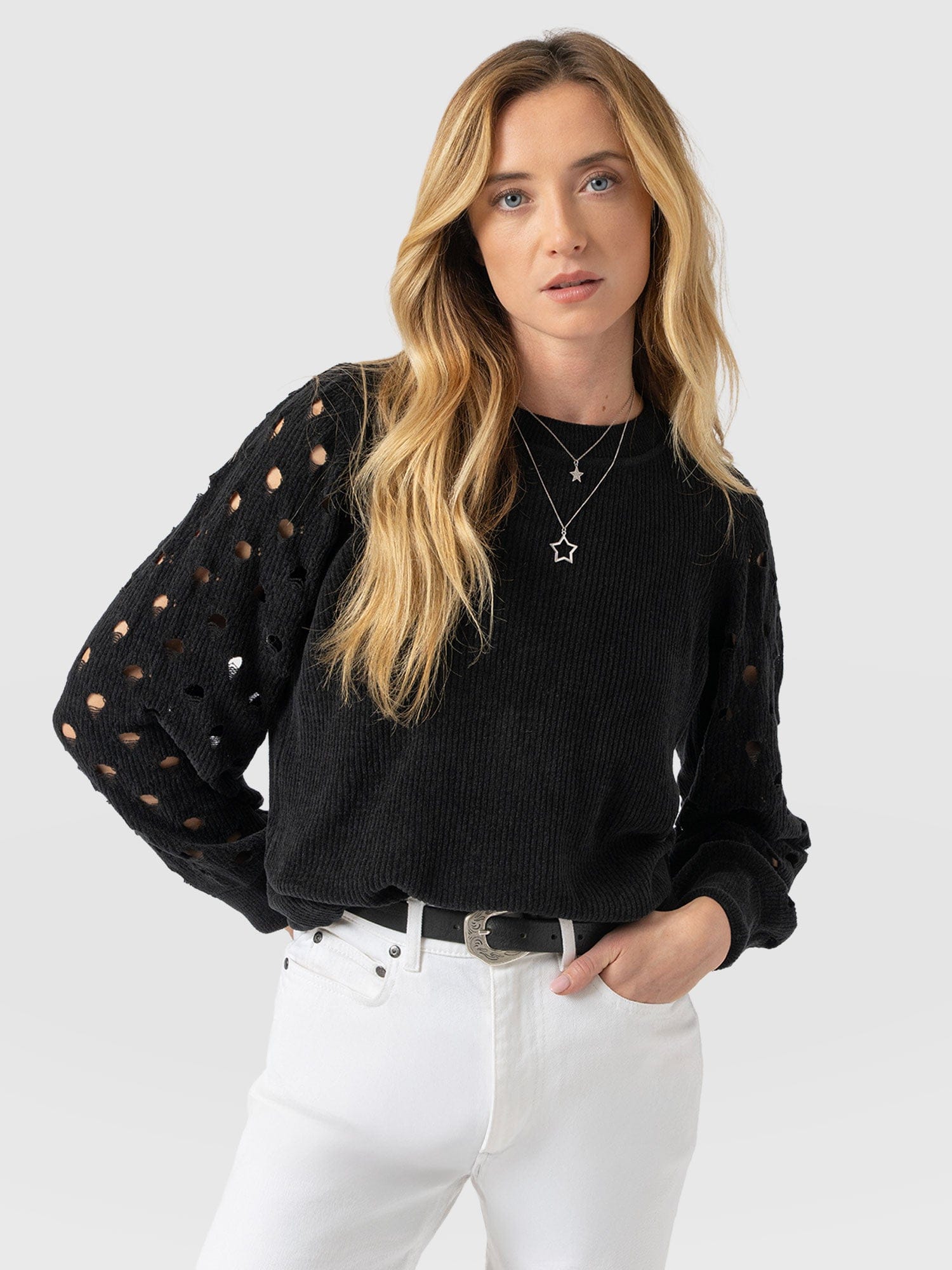 Suki Lace Hole Knit Black - Women's Knitwear | Saint + Sofia® UK