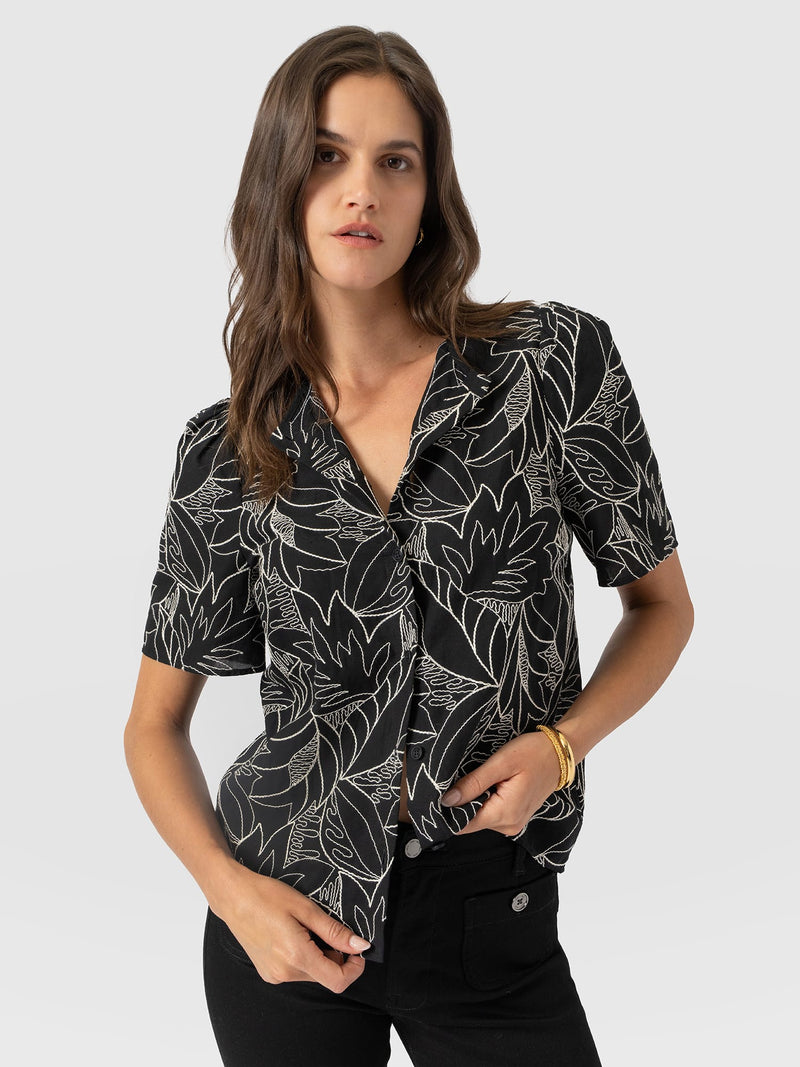 Tabitha Short Sleeve Blouse - Black Embroidered - Women's Blouses | Saint and Sofia® UK