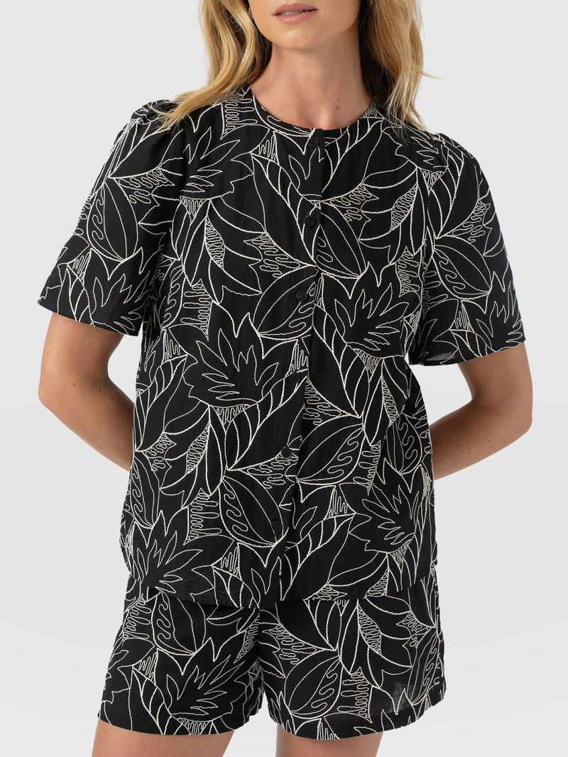 Tabitha Short Sleeve Blouse - Black Embroidered - Women's Blouses | Saint + Sofia® UK