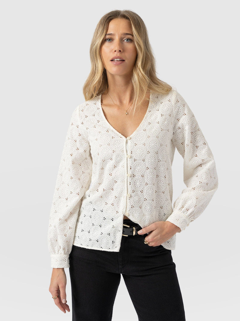 Tabitha V Neck Blouse - Cream Broderie - Women's Blouses | Saint + Sofia® UK