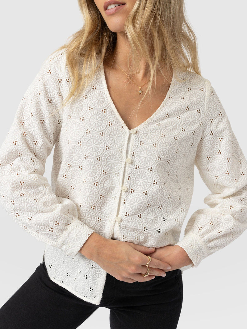 Tabitha V Neck Blouse - Cream Broderie - Women's Blouses | Saint + Sofia® UK