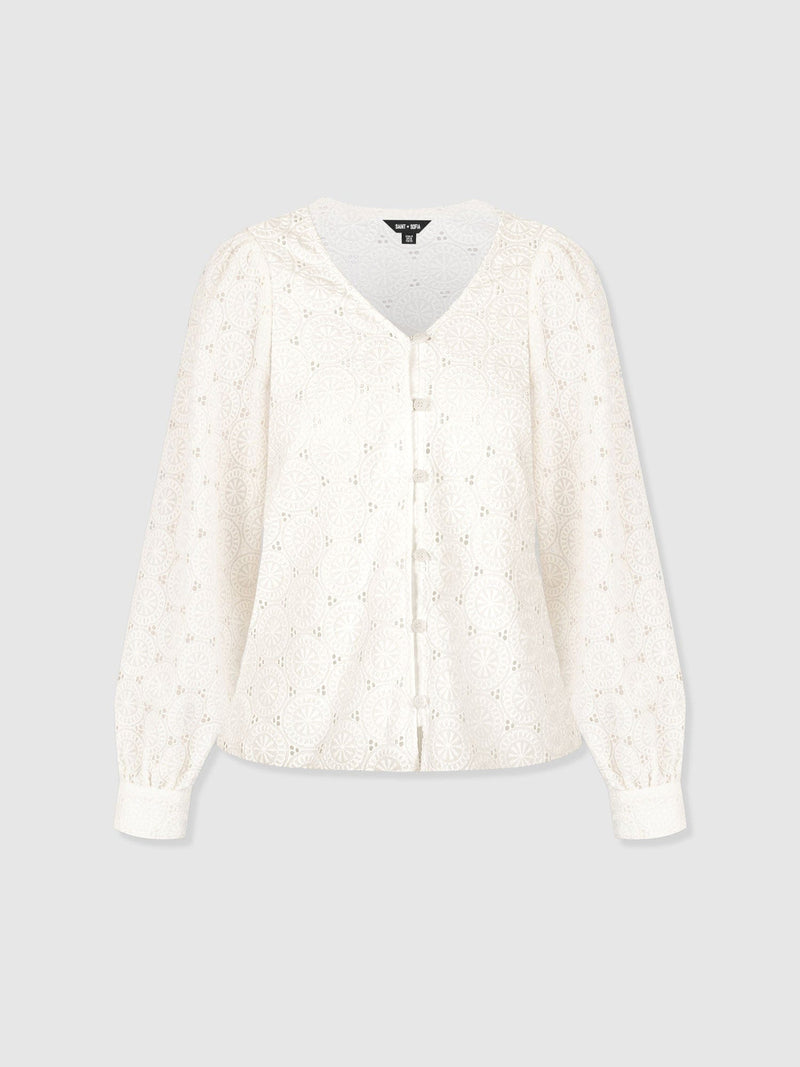 Tabitha V Neck Blouse - Cream Broderie - Women's Blouses | Saint + Sofia® UK