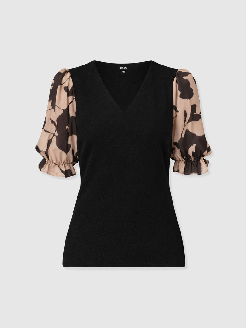 Tori Puff Sleeve Top - Brown Floral - Women's T-shirts | Saint + Sofia® UK
