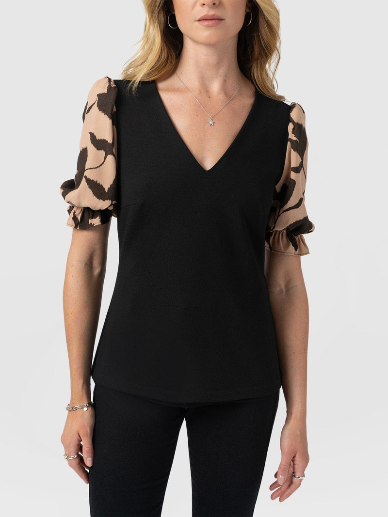 Tori Puff Sleeve Top - Brown Floral - Women's T-shirts | Saint + Sofia® UK