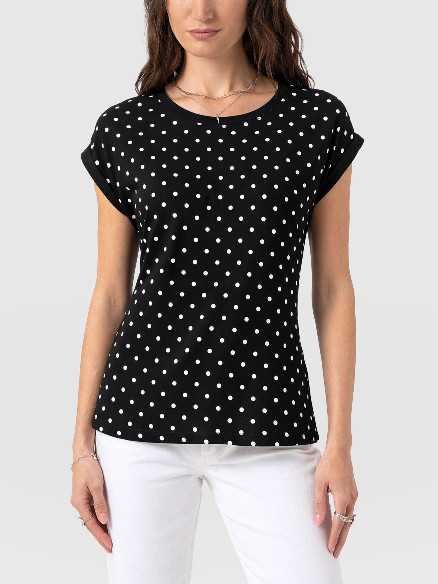Turn Up Contrast Tee - Black Polka Dot - Women's T-shirts | Saint + Sofia® UK