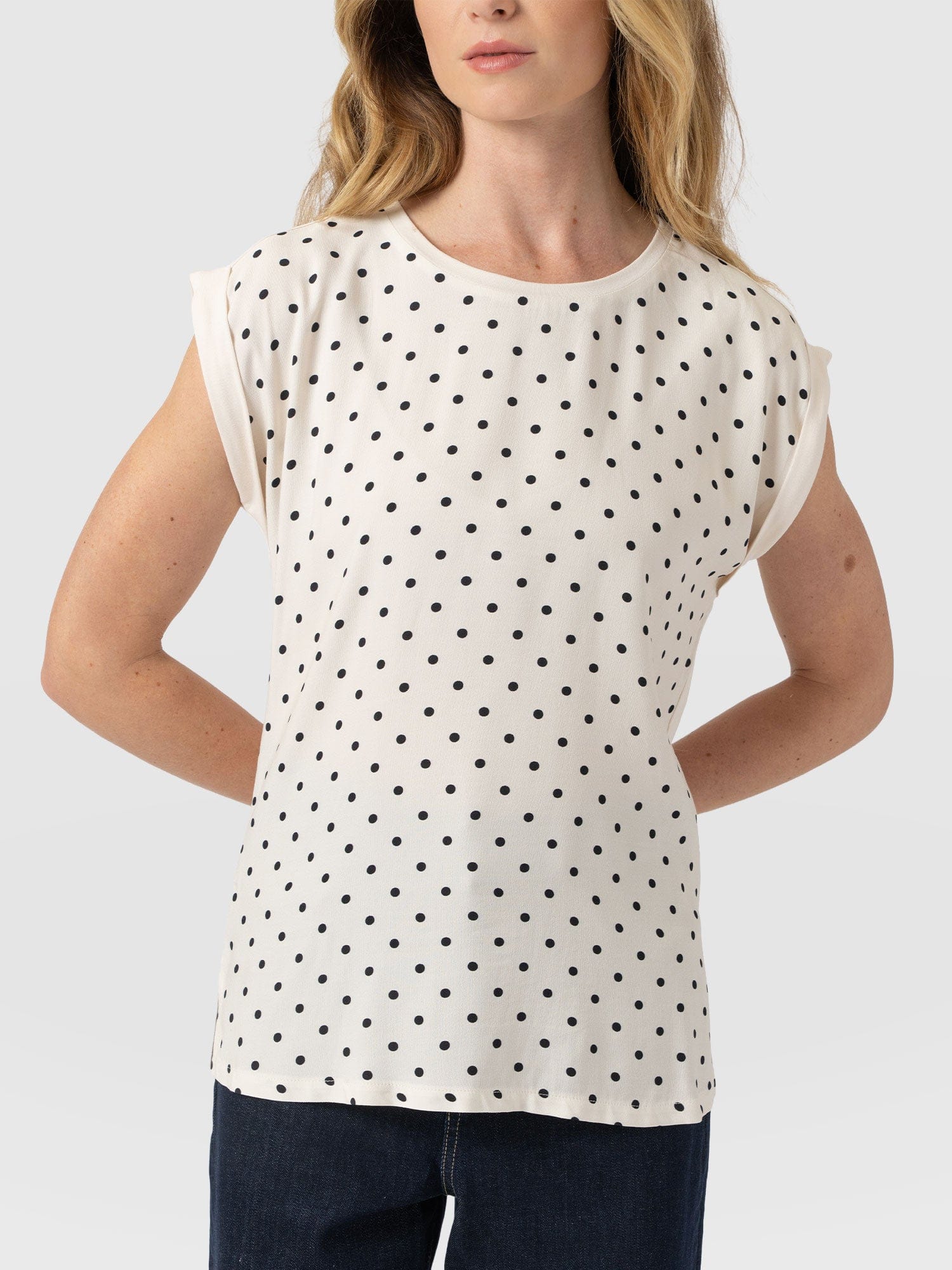 Turn Up Contrast Tee - Cream Polka Dot - Women's T-shirts | Saint + Sofia® UK