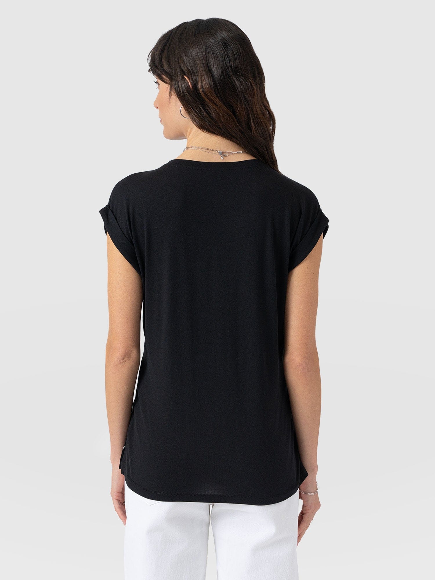 Turn Up Contrast V Neck Tee - Black Polka Dot - Women's T-shirts | Saint + Sofia® UK