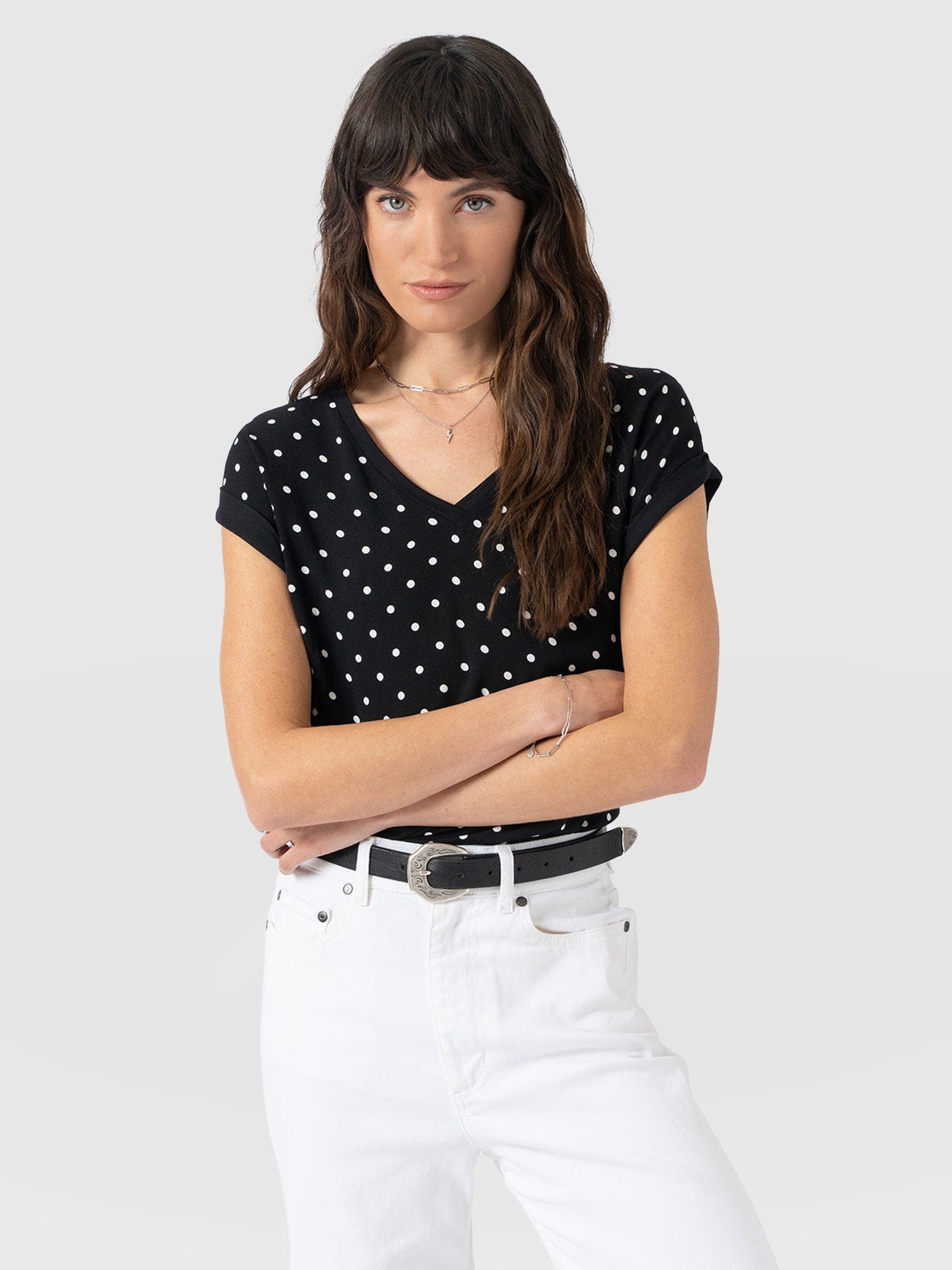 Turn Up Contrast V Neck Tee - Black Polka Dot - Women's T-shirts | Saint + Sofia® UK