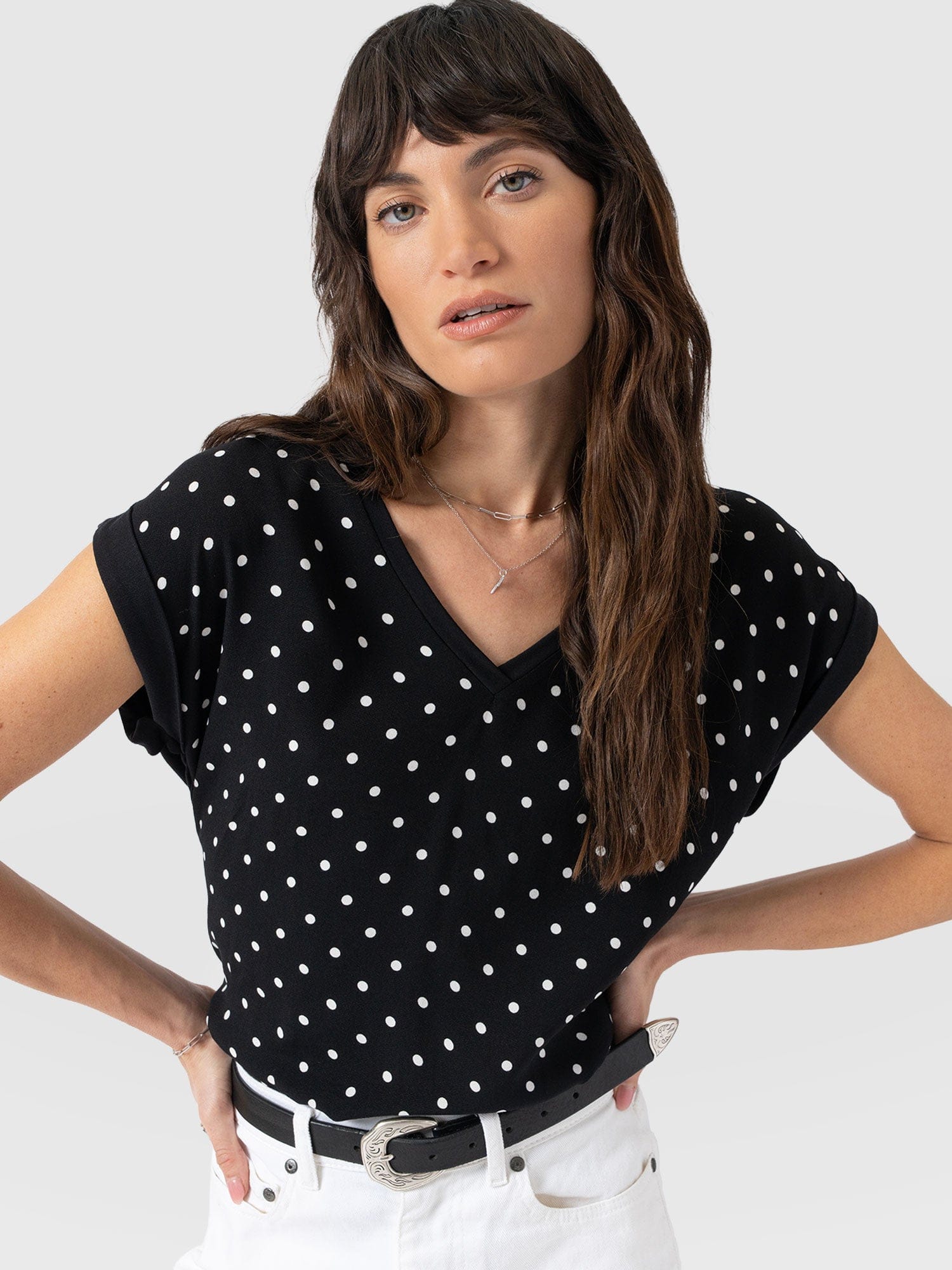 Turn Up Contrast V Neck Tee - Black Polka Dot - Women's T-shirts | Saint + Sofia® UK
