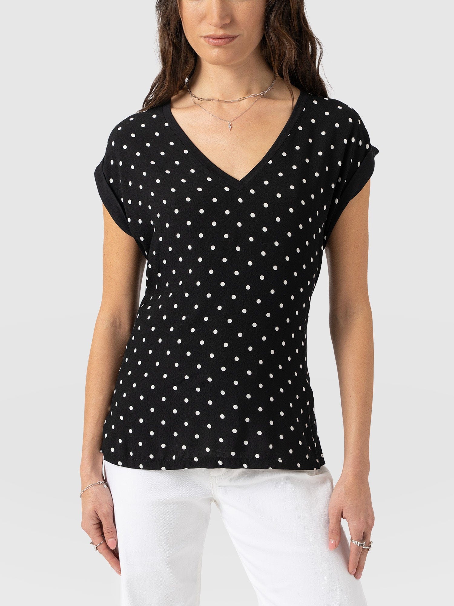 Turn Up Contrast V Neck Tee - Black Polka Dot - Women's T-shirts | Saint + Sofia® UK