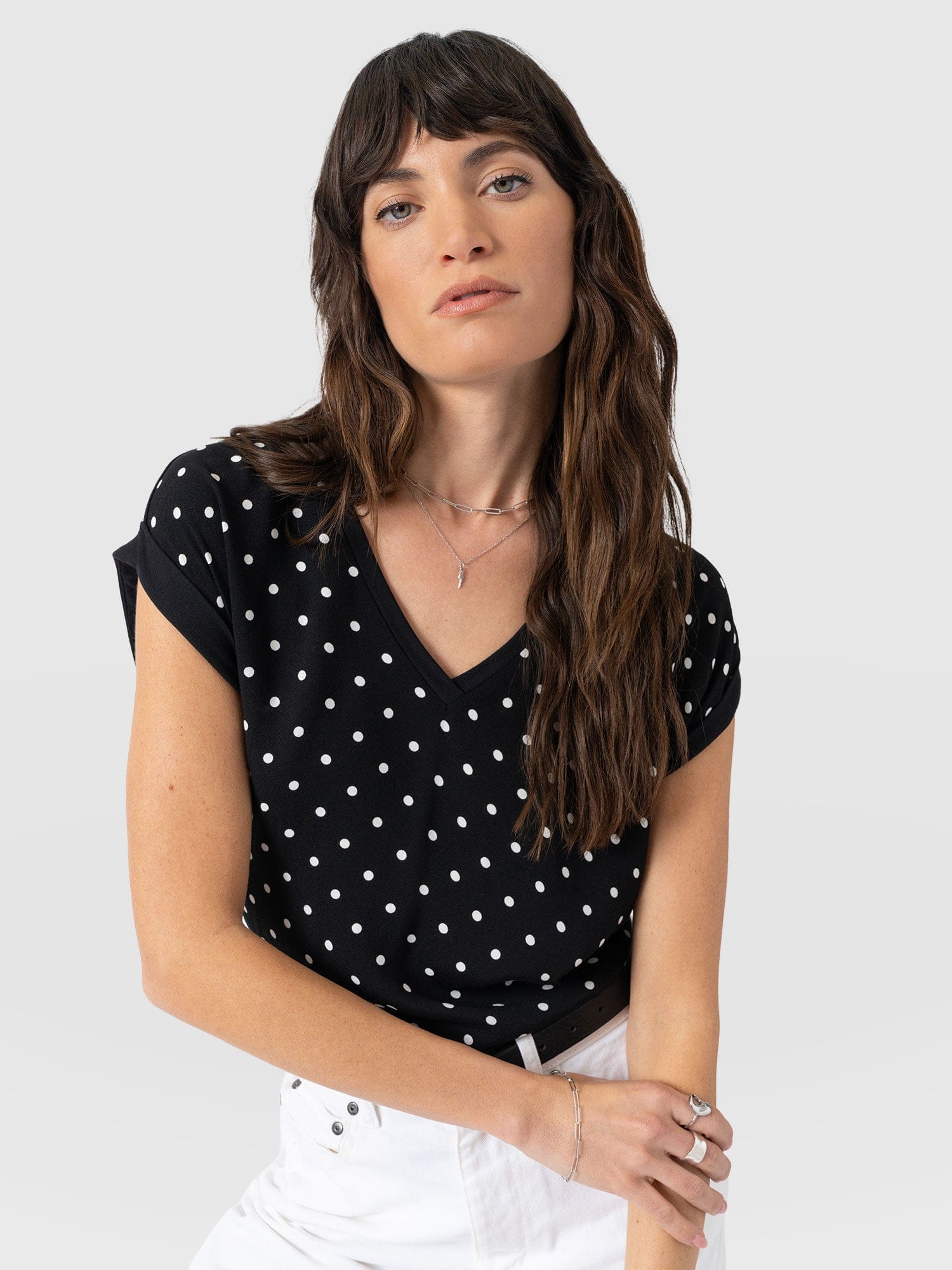 Turn Up Contrast V Neck Tee - Black Polka Dot - Women's T-shirts | Saint + Sofia® UK