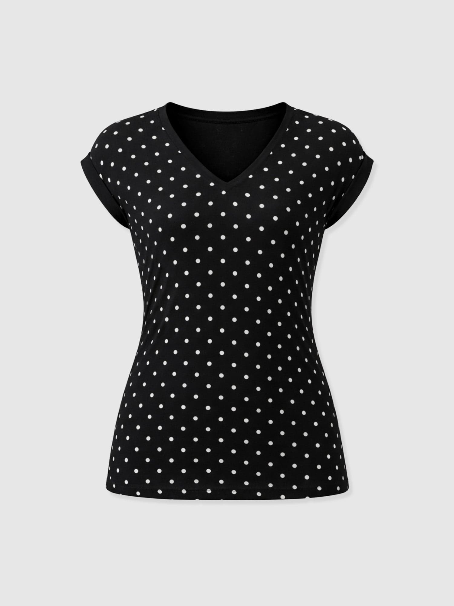 Turn Up Contrast V Neck Tee - Black Polka Dot - Women's T-shirts | Saint + Sofia® UK