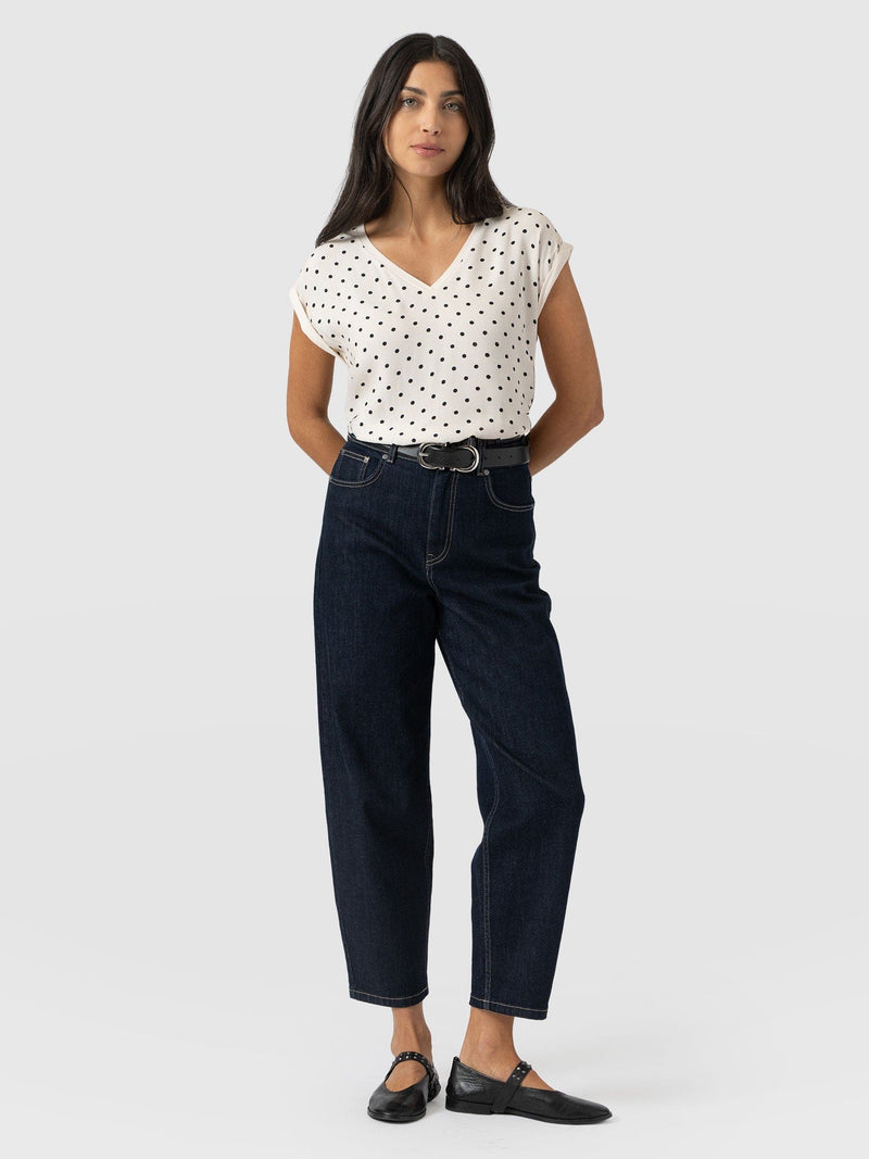 Turn Up Contrast V Neck Tee - Cream Polka Dot - Women's T-shirts | Saint + Sofia® UK