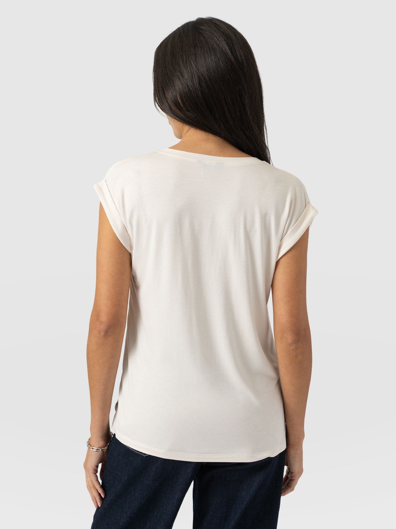 Turn Up Contrast V Neck Tee - Cream Polka Dot - Women's T-shirts | Saint + Sofia® UK