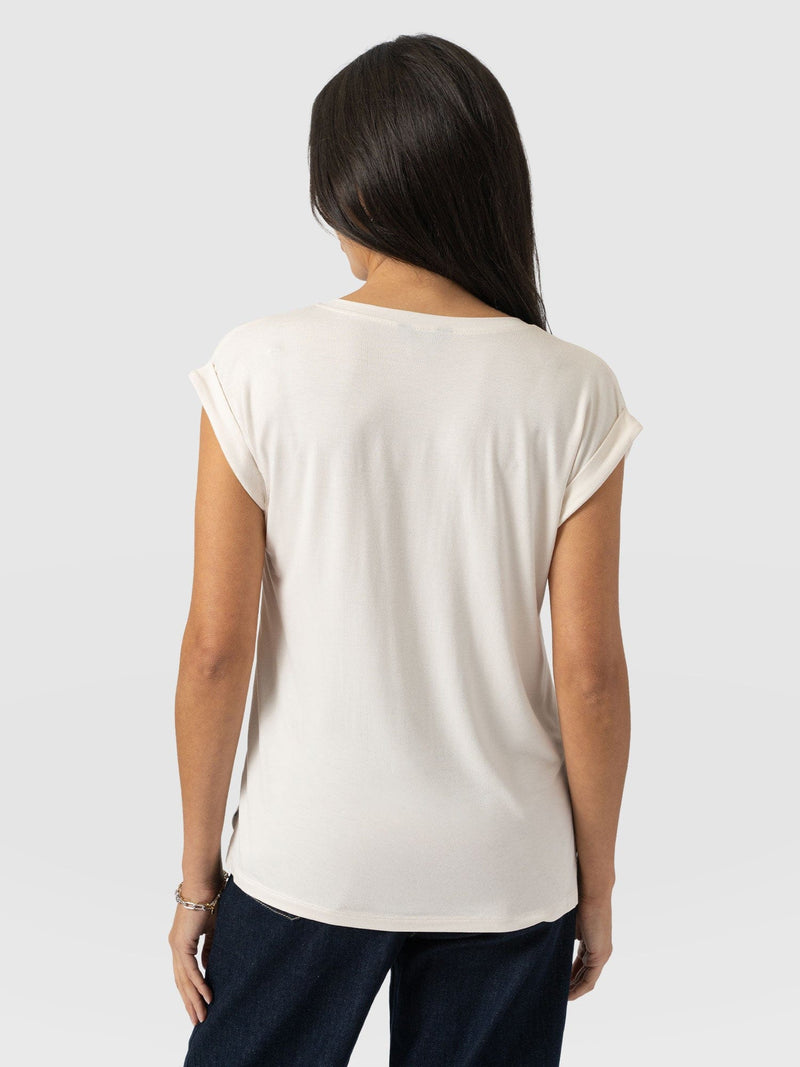 Turn Up Contrast V Neck Tee - Cream Polka Dot - Women's T-shirts | Saint + Sofia® UK
