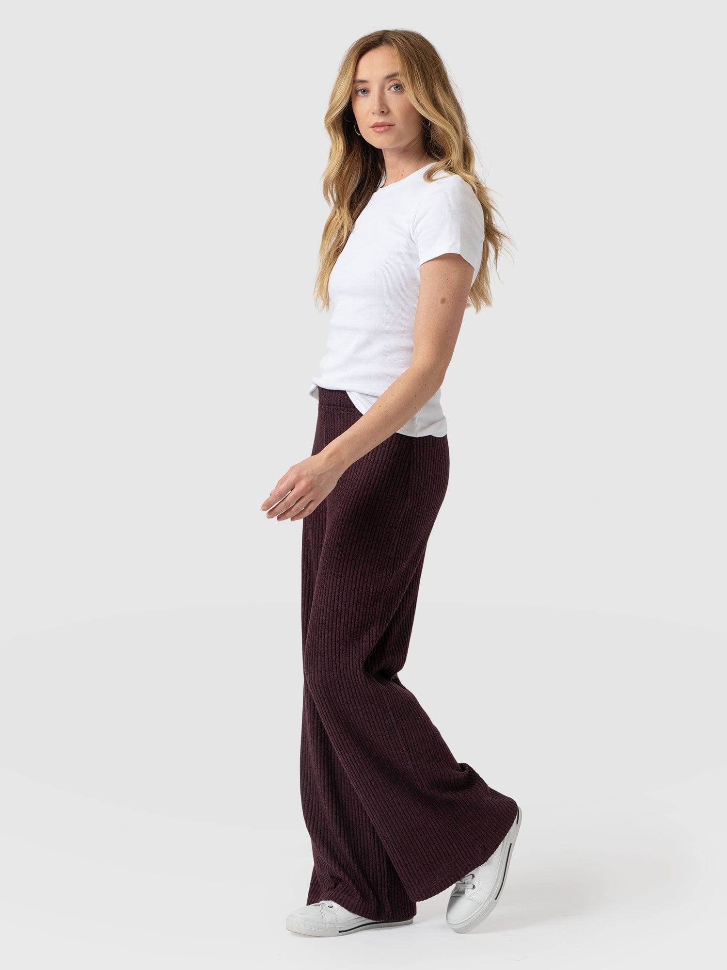 Victory Rib Wide Leg Pant Burgundy - Women's Trousers | Saint + Sofia® UK