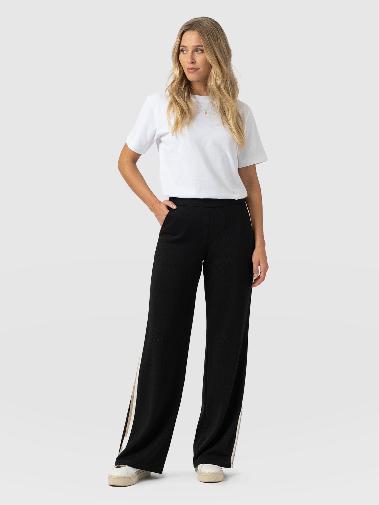Victory Straight Leg Pant - Black - Cream/Beige Stripe - Women's Trousers | Saint + Sofia® UK