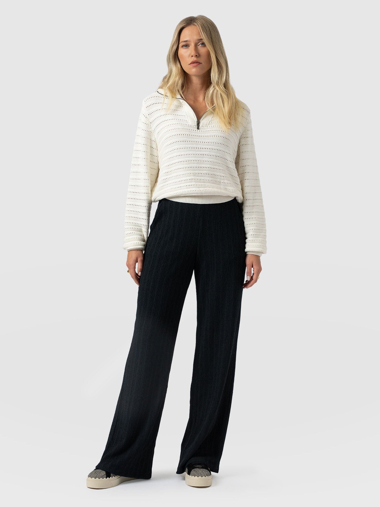 Victory Straight Leg Pant - Black Textured - Women's Trousers | Saint + Sofia® UK