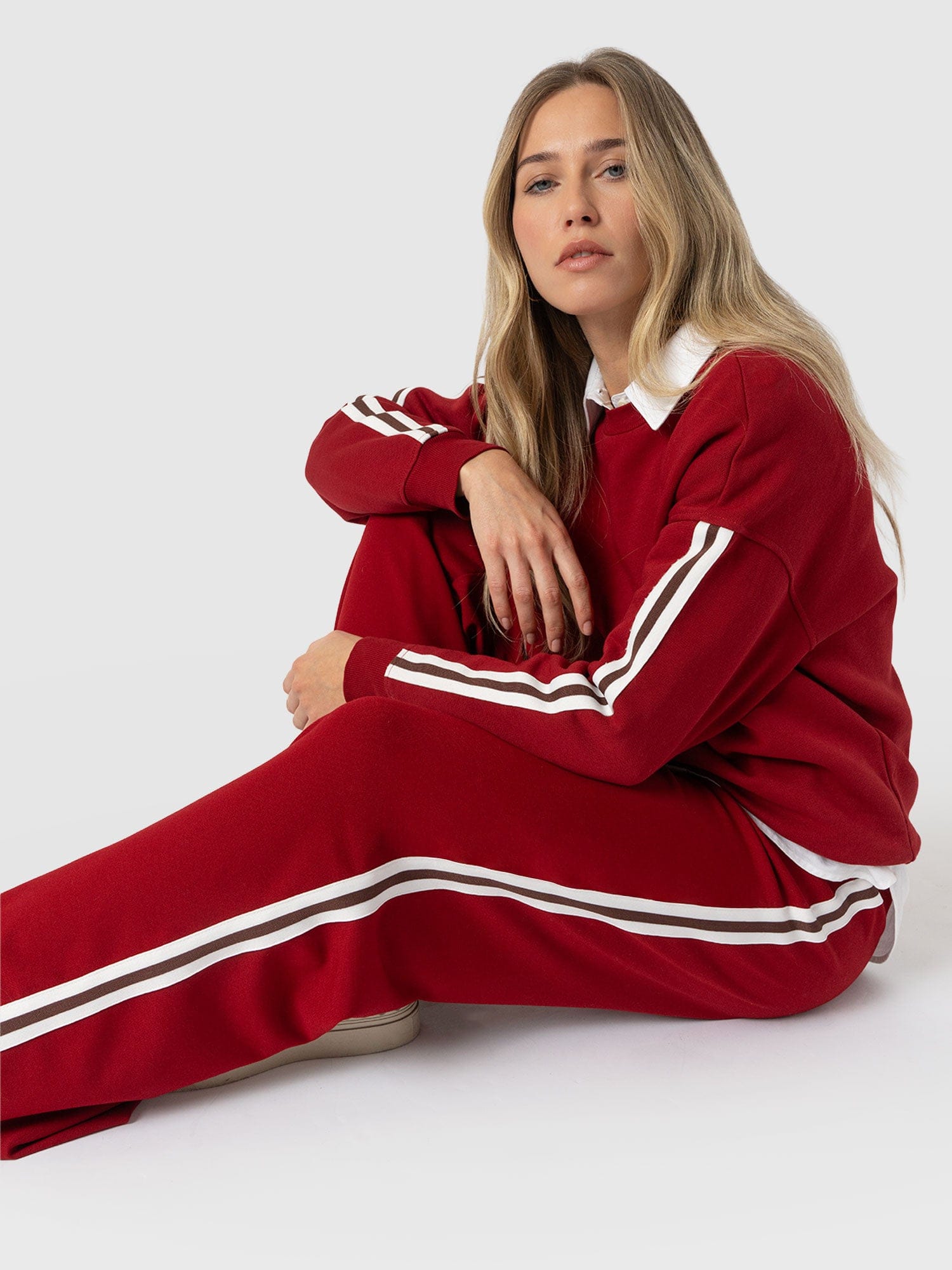 Victory Straight Leg Pant - Red - Brown Stripe - Women's Trousers | Saint + Sofia® UK