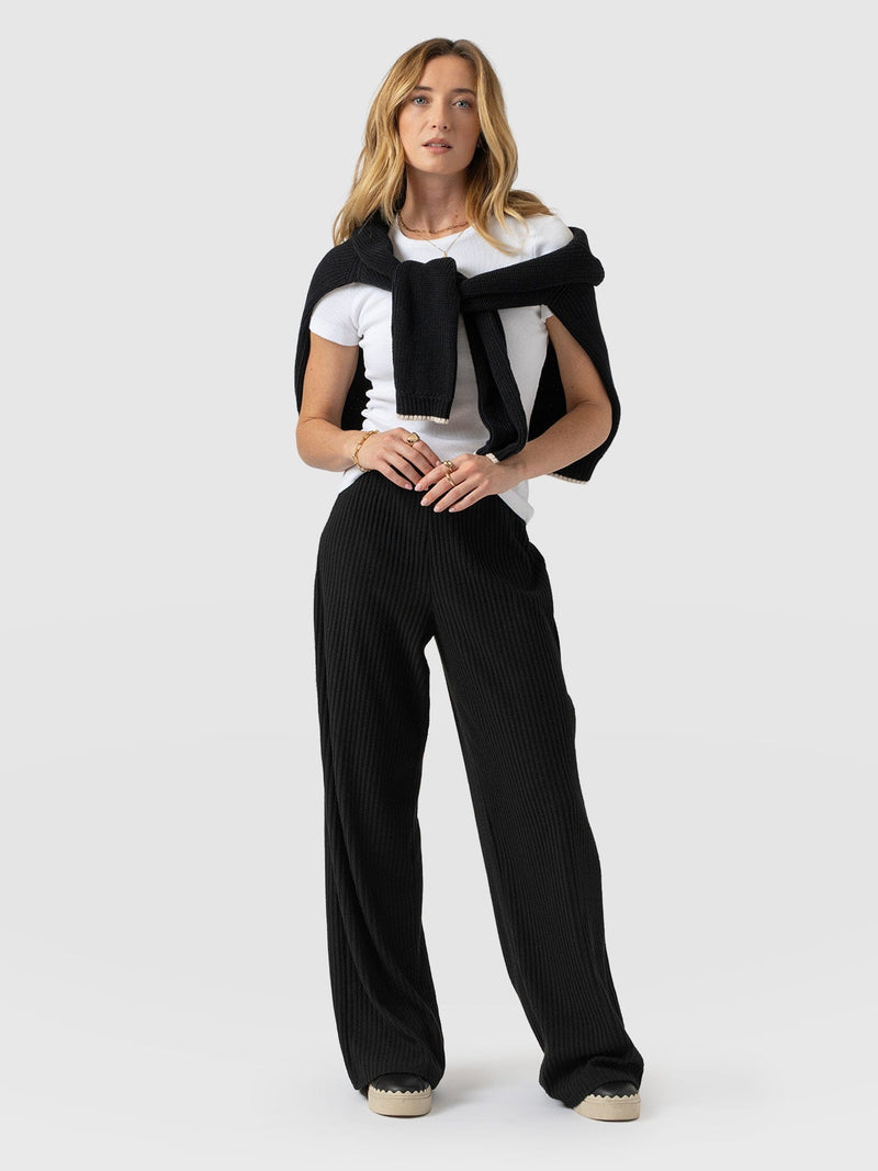 Hoxton Wide Leg Pant - Black Rib - Women's Trousers | Saint and Sofia® UK