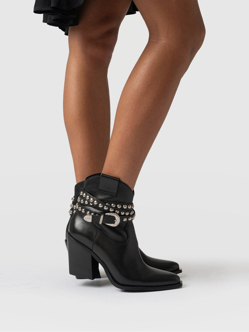 Western Studded Boot Black - Women's Leather Boots | Saint + Sofia® UK