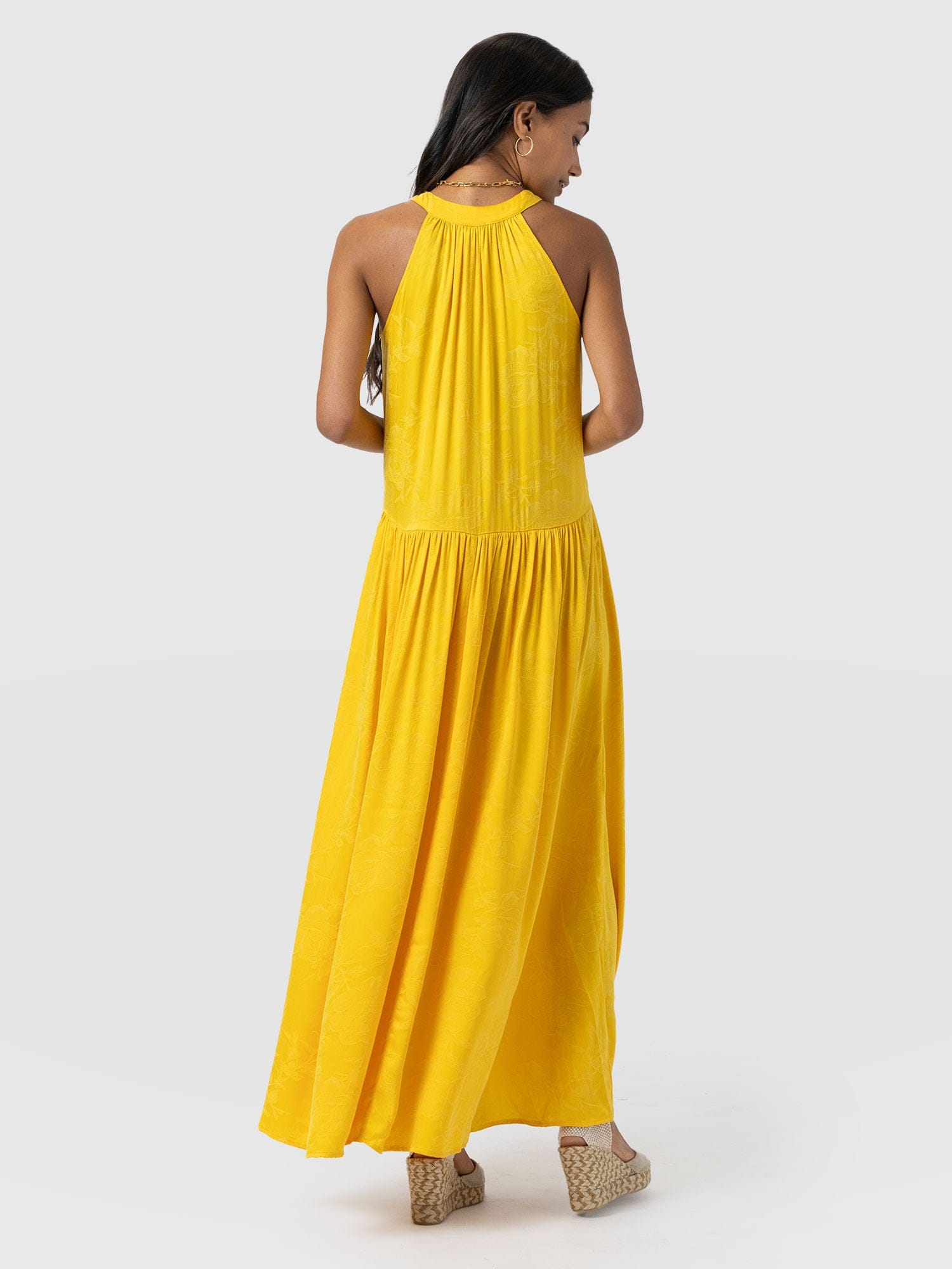 Zoey Halter Neck Dress - Yellow Jacquard - Women's Dresses | Saint + Sofia® UK