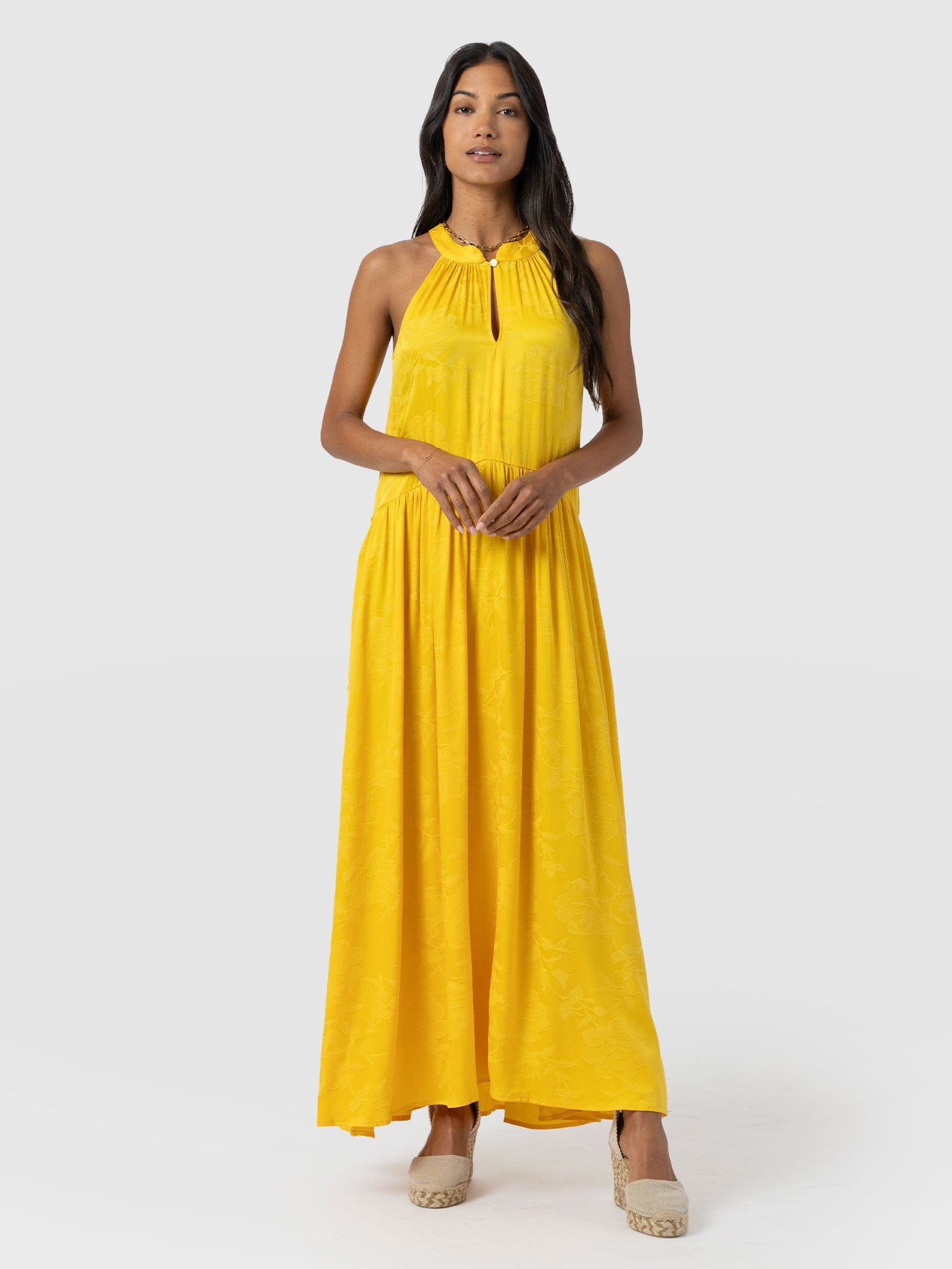 Zoey Halter Neck Dress - Yellow Jacquard - Women's Dresses | Saint + Sofia® UK