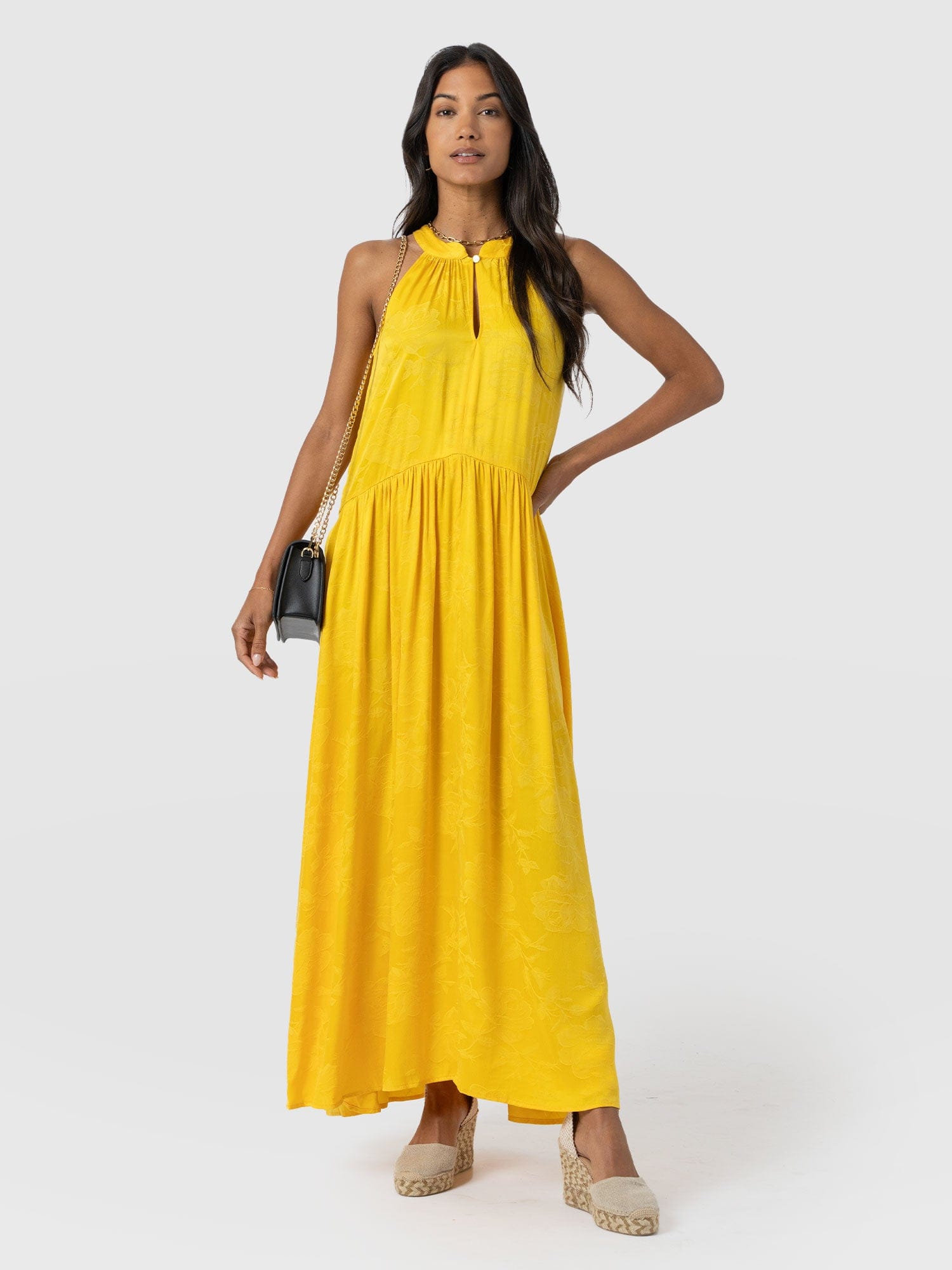 Zoey Halter Neck Dress - Yellow Jacquard - Women's Dresses | Saint + Sofia® UK