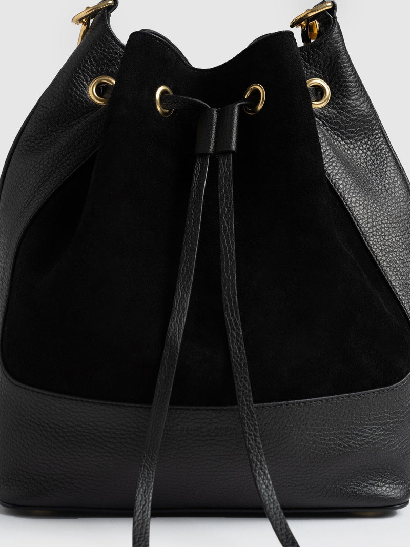 Brompton Bucket Bag - Black Suede Pebble