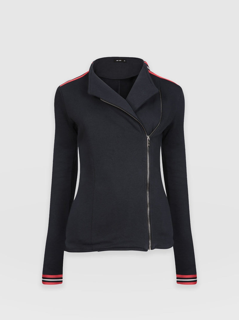 Cotton Biker Jacket Navy Stripe - Women's Jackets | Saint + Sofia® UK
