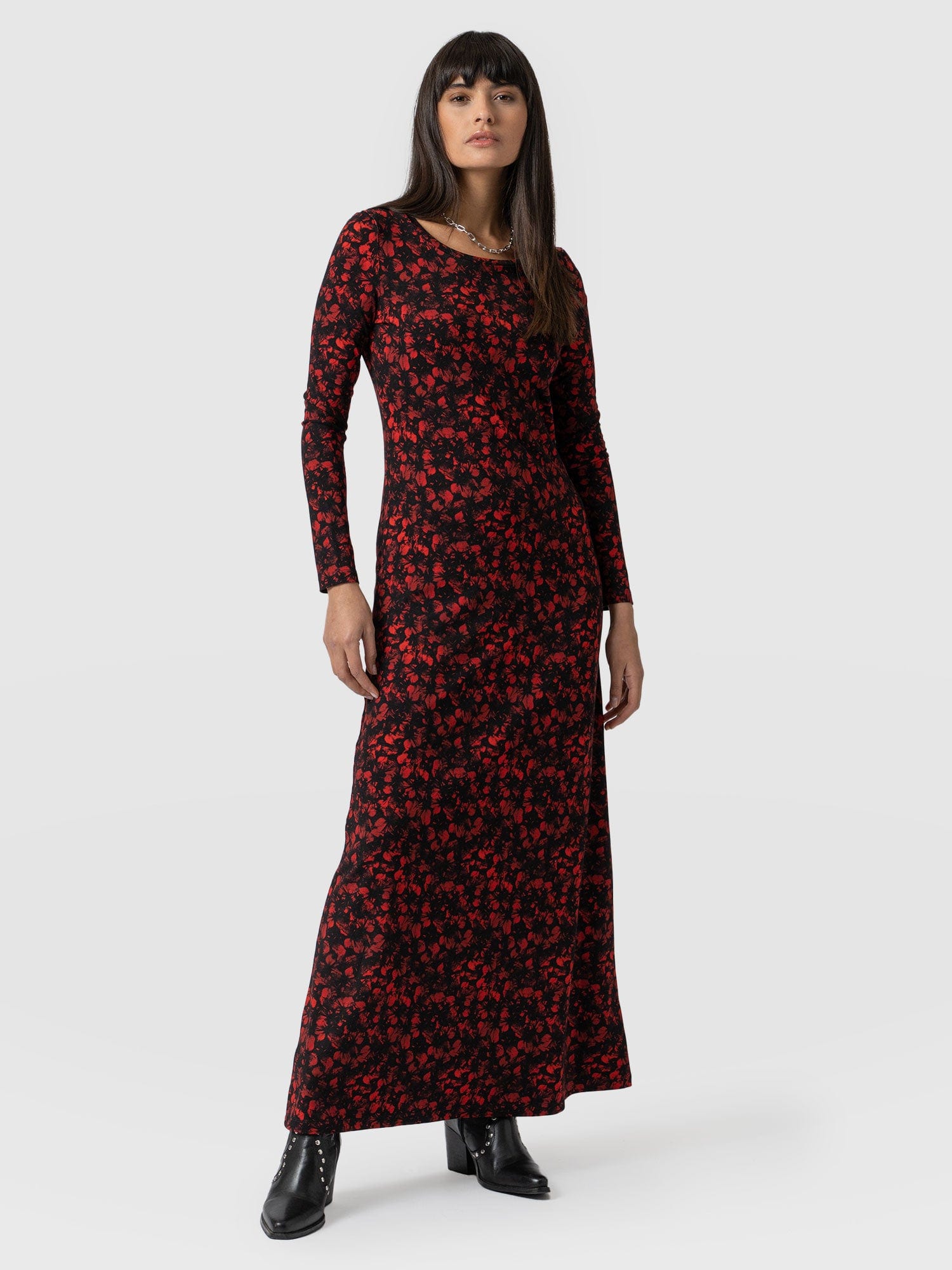 Long sleeve red 2024 floral maxi dress