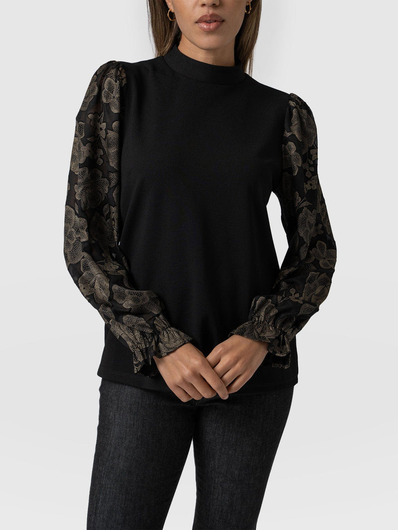 Penny Puff Sleeve Long Sleeve - Black & Gold Floral Burnout