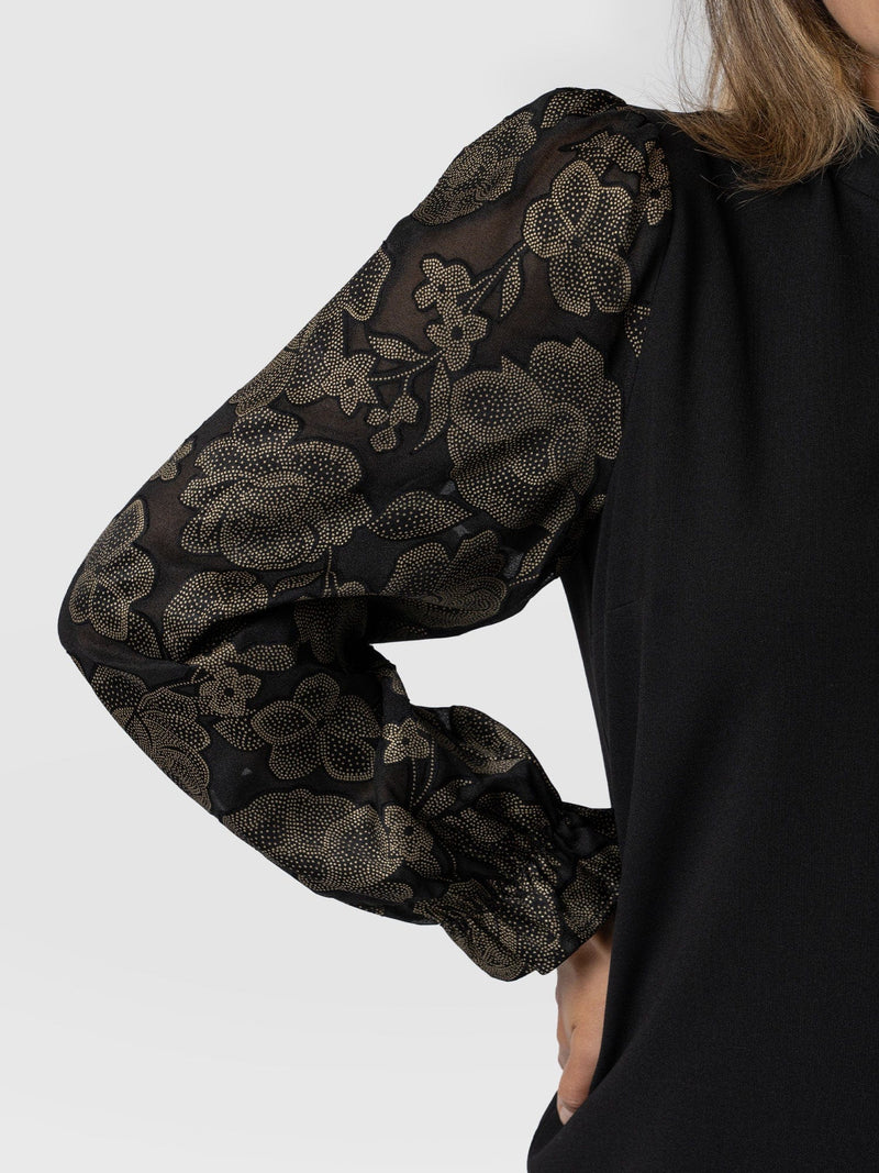 Penny Puff Sleeve Long Sleeve - Black & Gold Floral Burnout