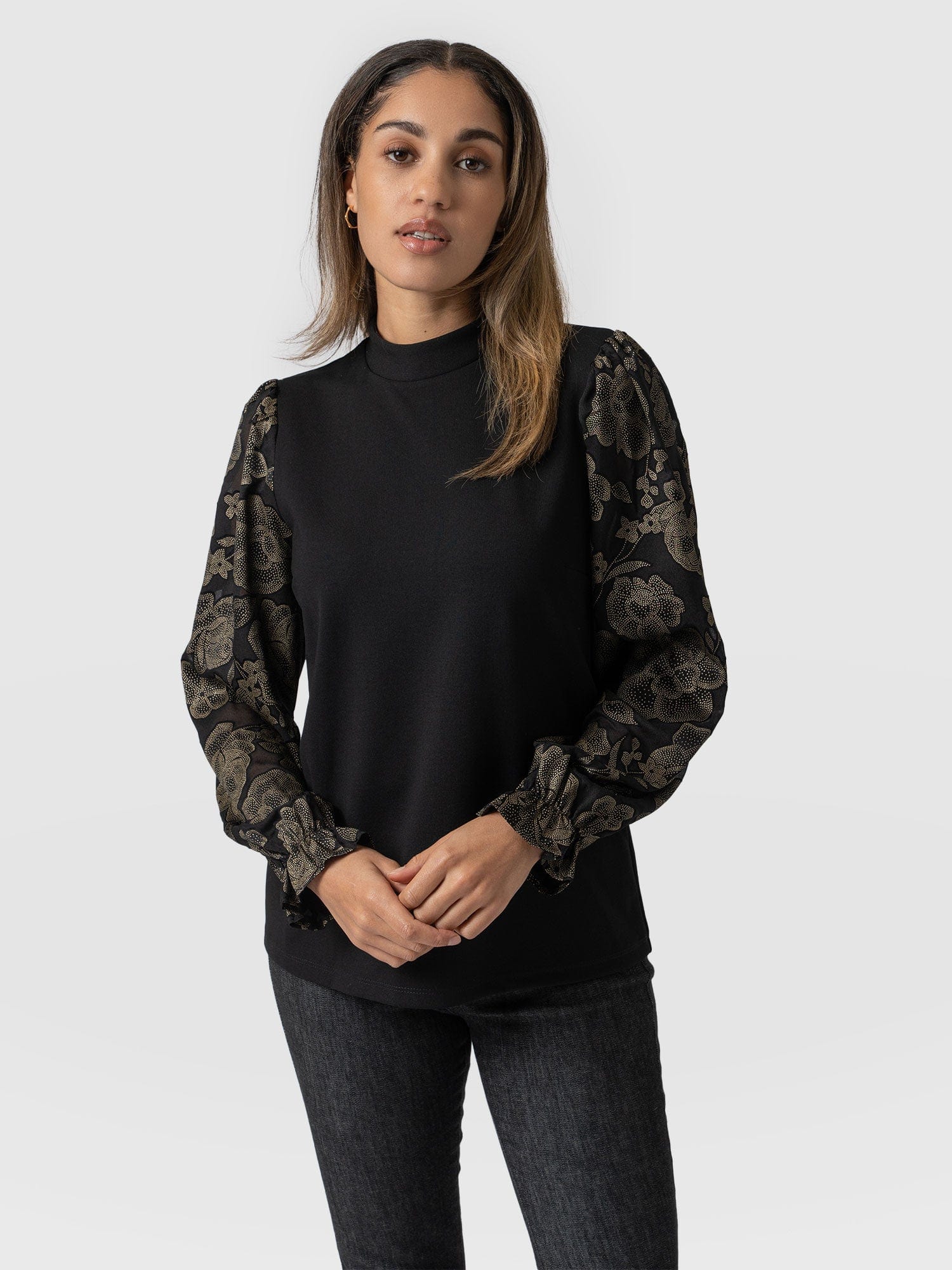 Penny Puff Sleeve Long Sleeve - Black & Gold Floral Burnout