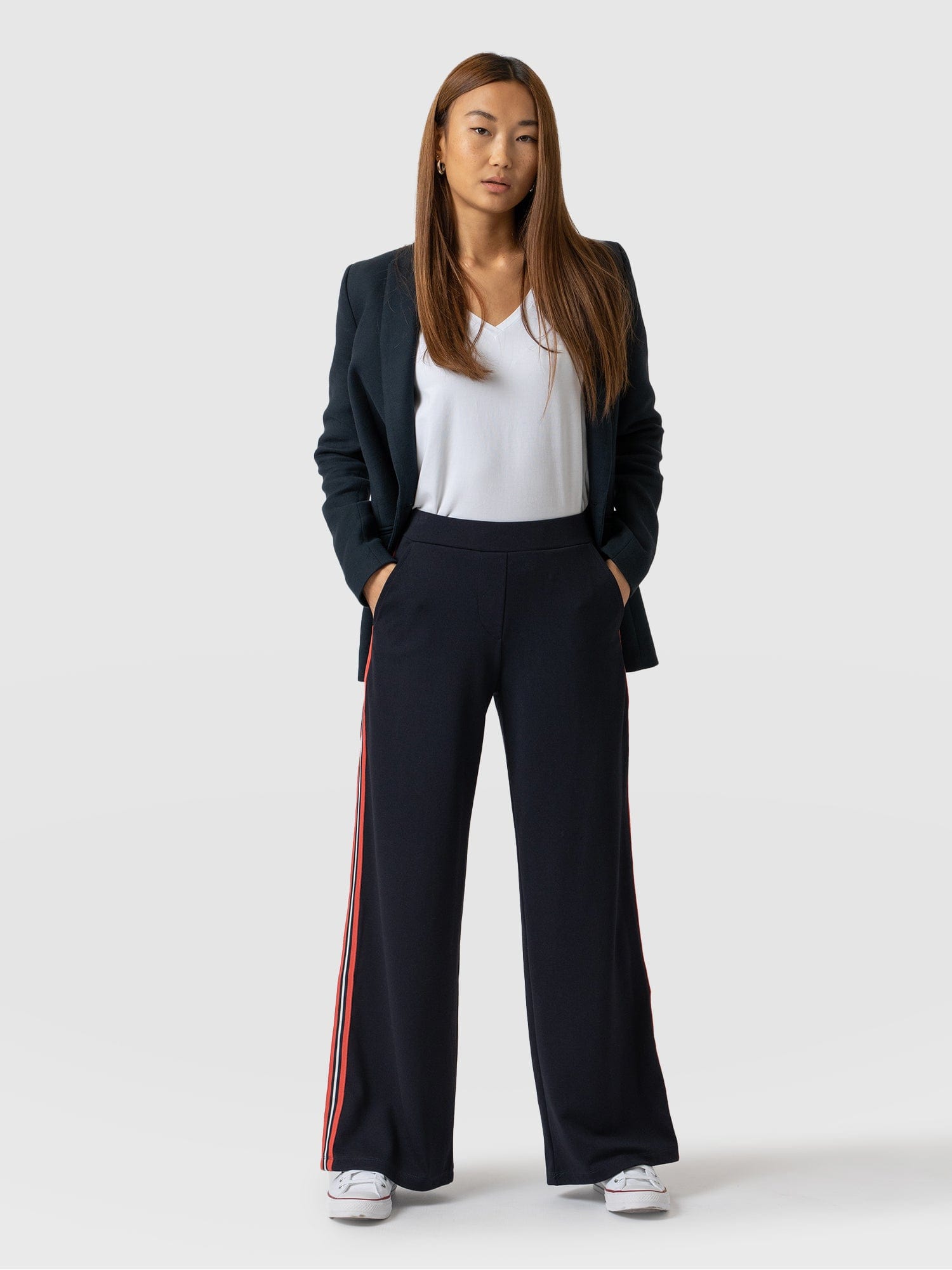 Womens black pants store with red stripe