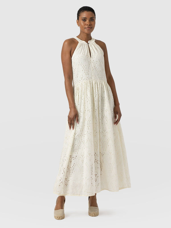 Zoey Halter Neck Dress - White Broderie