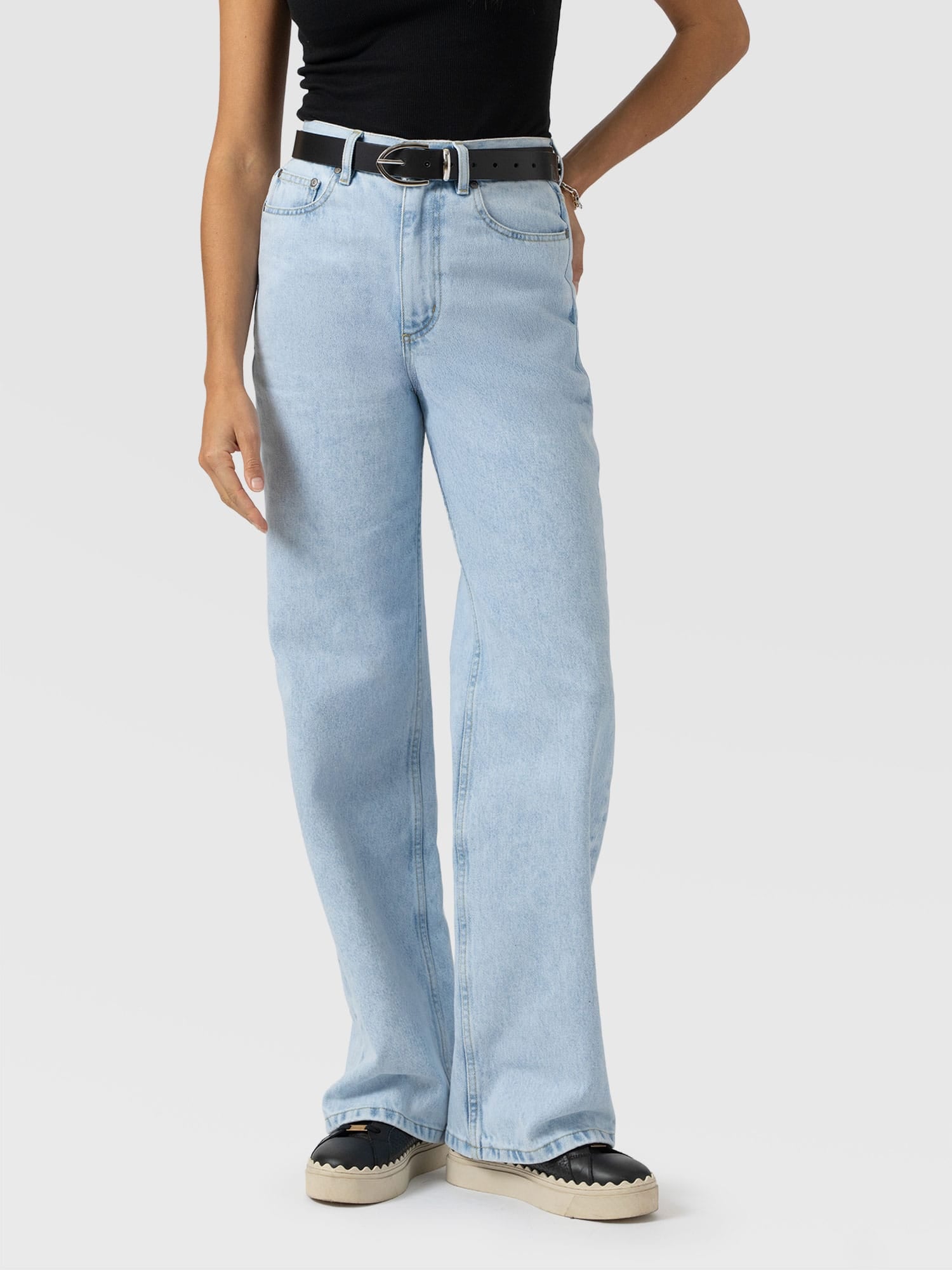 Adjustable Wide Leg Jeans - Pale Blue