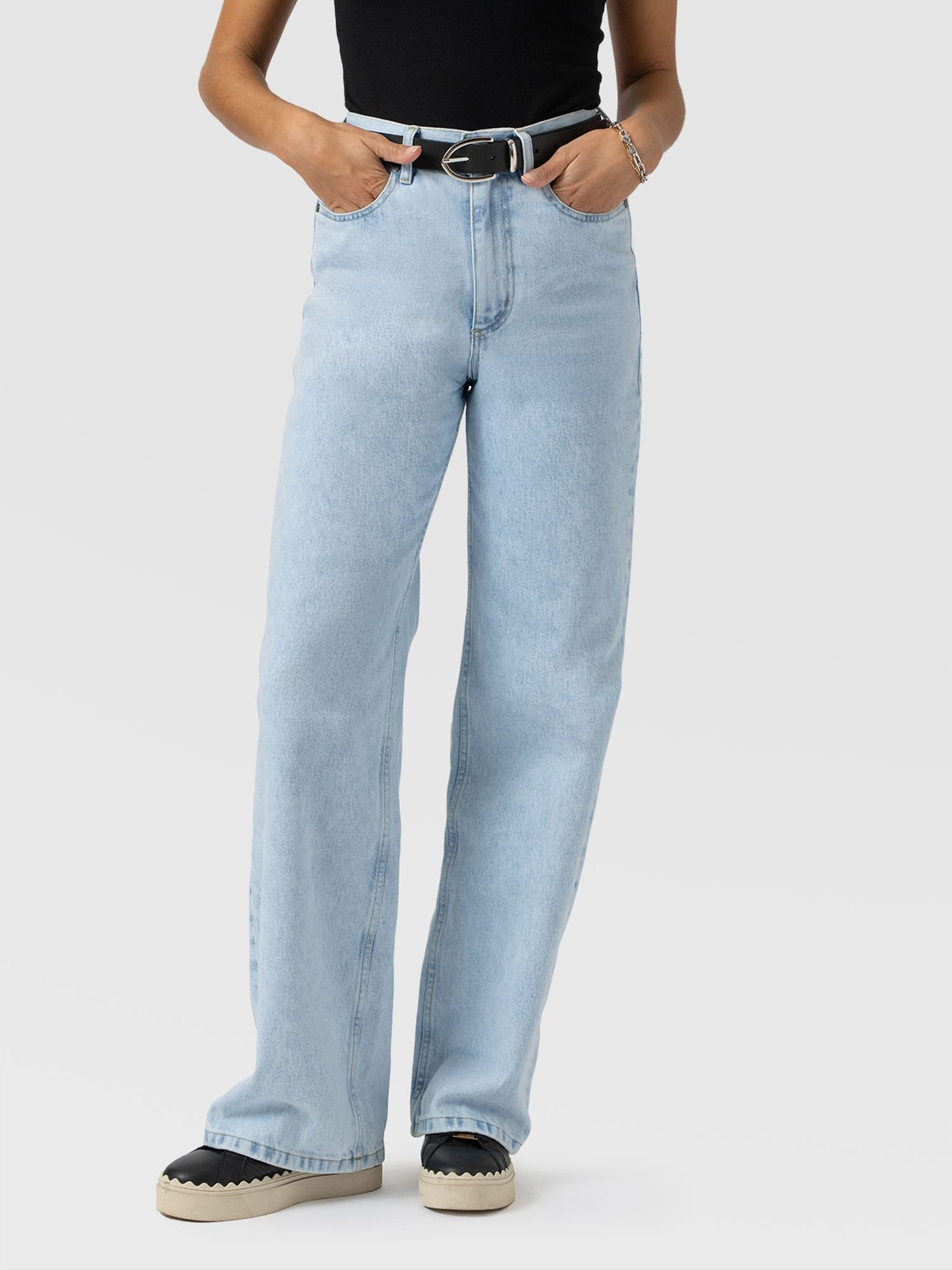 Adjustable Wide Leg Jeans - Pale Blue